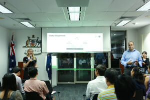 Ms Nadia Krivetz, Counsellor, Australian Embassy Vietnam, introduces Dr Hajkowicz at the event